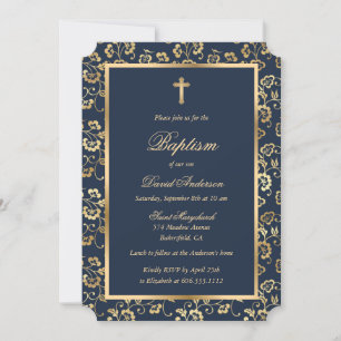 Invitation Script d'or bleu moderne Floral Garçon Baptême