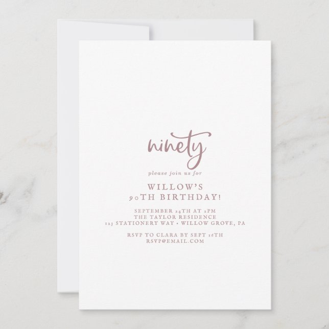 Invitation Script d'or Rustique Rose 90e fête d'anniversaire (Devant)
