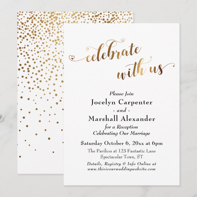 Invitation Script Doré Célébrez avec Nous Fond Confetti (Devant / Derrière)