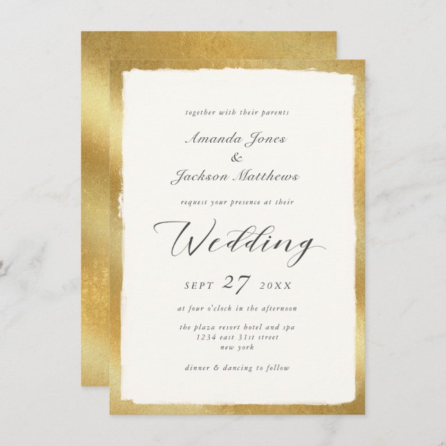 Invitation Script élégant avec Mariage semi-formel Gold Edge (Devant / Derrière)