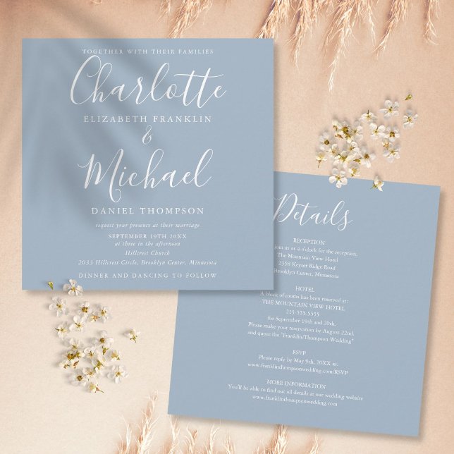 Invitation Script Elégant bleu Dusty tout en un Mariage (Créateur téléchargé)