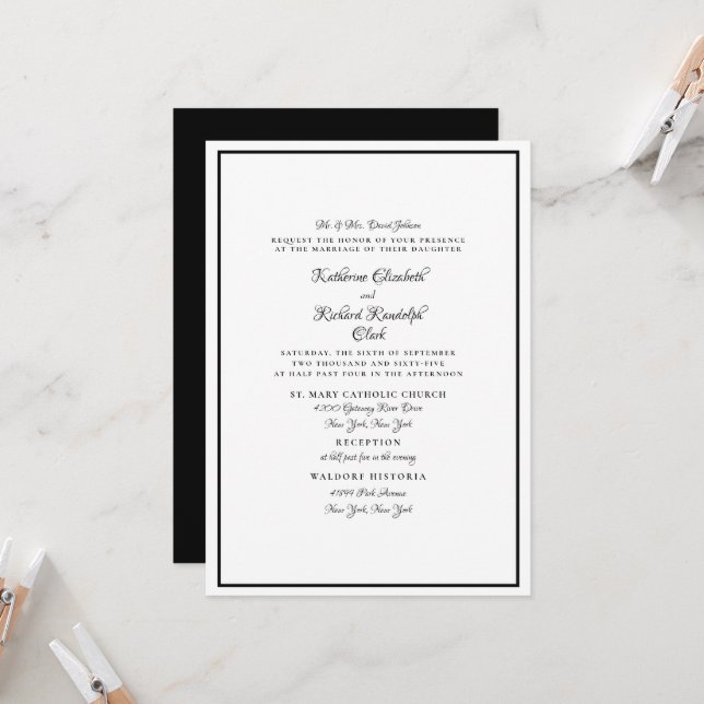 Invitation Script élégant de Mariage blanc et noir (Devant/Arrière en situation)