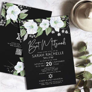 Invitation Script Floral en argent noir Bat mitzvah QR Code