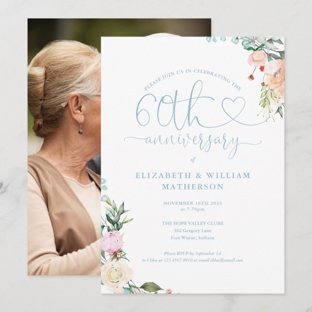 Invitation Script Floral Photo avec cœur pour le 60e annivers (Devant / Derrière)