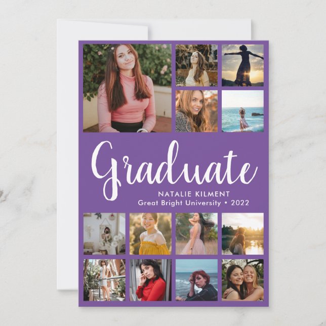 Invitation Script Graduate 14 Photo Collage Purple Graduation (Devant)