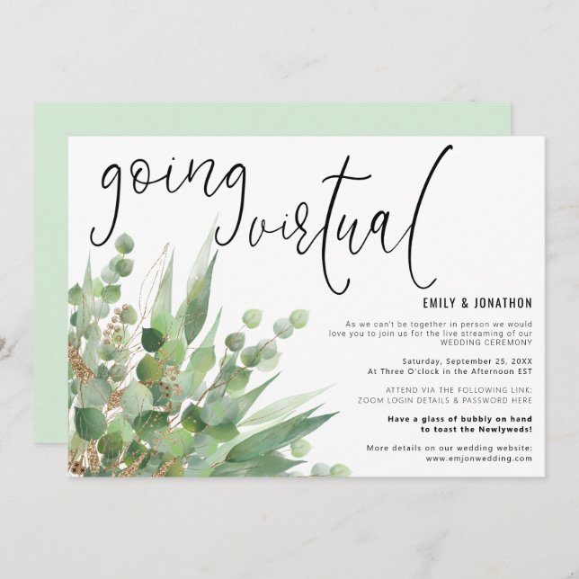 Invitation Script Green Gold Eucalyptus allant Mariage virtue (Devant / Derrière)