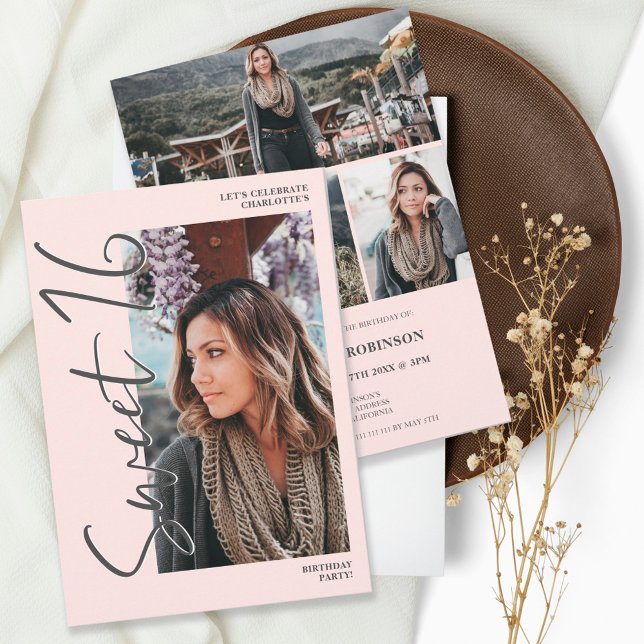 Invitation Script gris moderne 4 photos rose Sweet 16 (Créateur téléchargé)