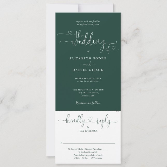 Invitation Script Heart Emerald Green Tout en un Mariage (Devant)