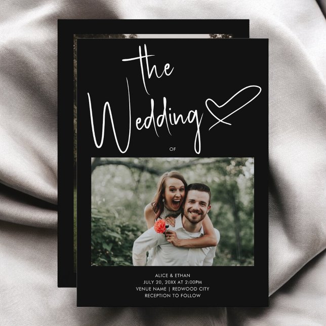 Invitation Script minimal Signature Coeur photo Mariage noir (Créateur téléchargé)