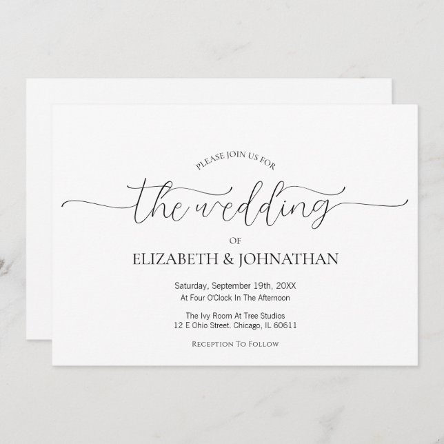 Invitation Script minimal simple Mariage noir et blanc (Devant / Derrière)
