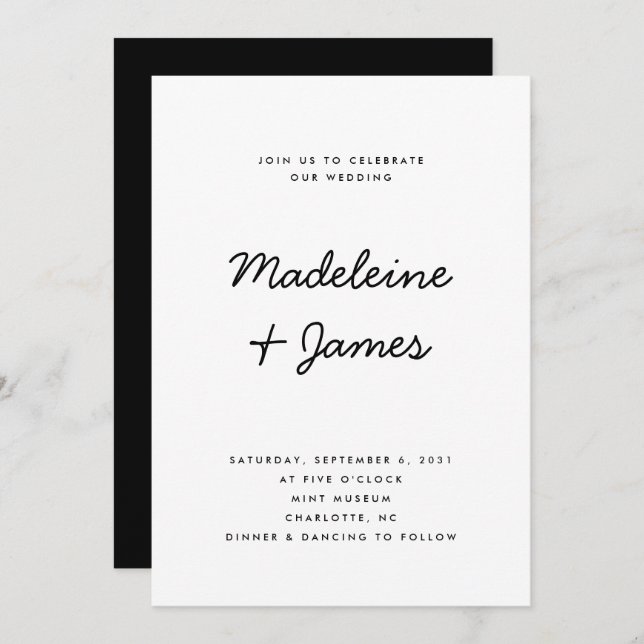 Invitation Script minimal Simple Mariage noir moderne (Devant / Derrière)