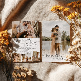 Invitation Script minimaliste blanc moderne 5 photos mariage