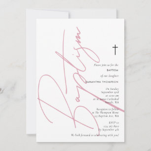 Invitation Script minimaliste de fille rose Baptême Christeni