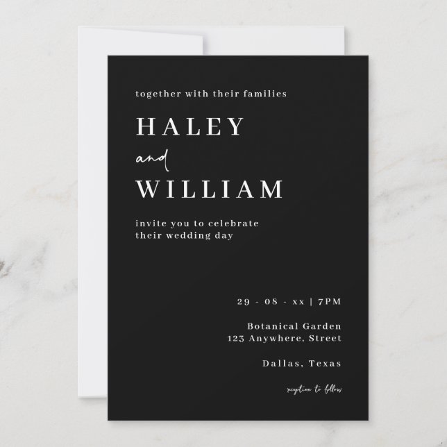 Invitation Script minimaliste Mariage noir et blanc simple (Devant)