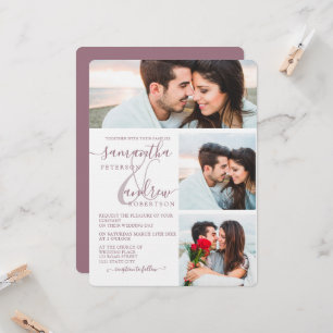 Invitation Script minimaliste Mauve 3 photos mariage
