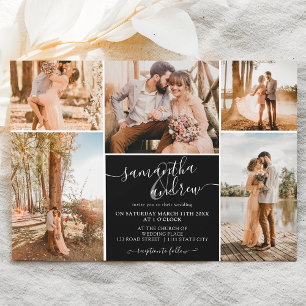 Invitation Script minimaliste noir 6 photos mariage