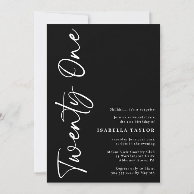 Invitation Script minimaliste noir blanc 21e anniversaire (Devant)