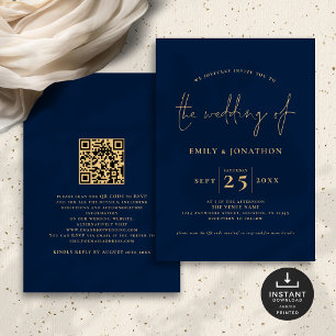 Invitation Script minimaliste QR Code Marine Blue Gold Mariag