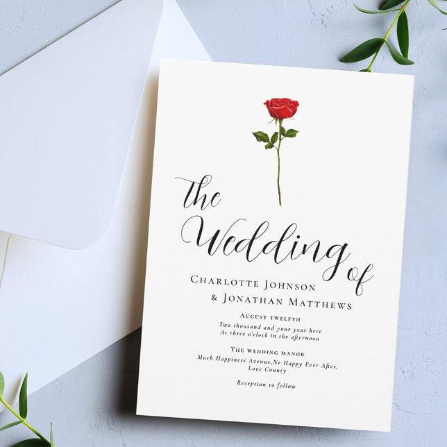 Invitation Script minimaliste Rose rouge élégant (Single red rose elegant script minimalist wedding invitation Watercolor floral modern calligraphy )