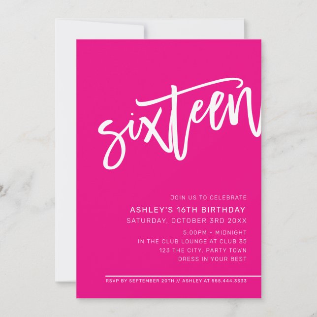 Invitation SCRIPT MODERNE 16e anniversaire fête chaude rose b (Devant)