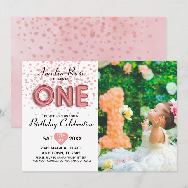 Invitation Script moderne 1er Anniversaire Confetti Rose Conf (Devant / Derrière)