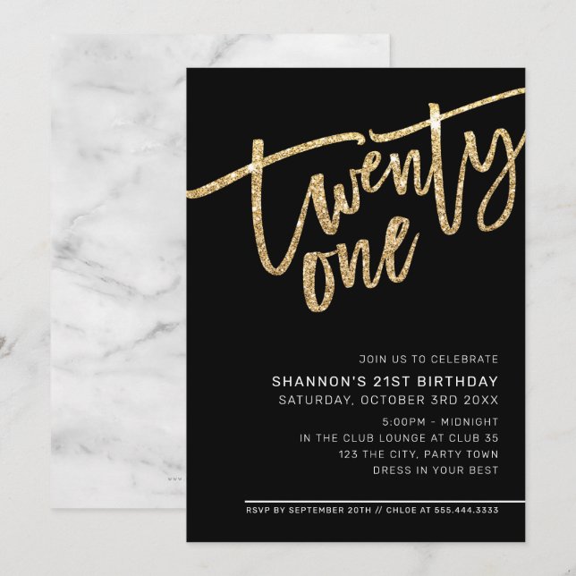 Invitation SCRIPT MODERNE 21e parties scintillant d'or du par (Devant / Derrière)