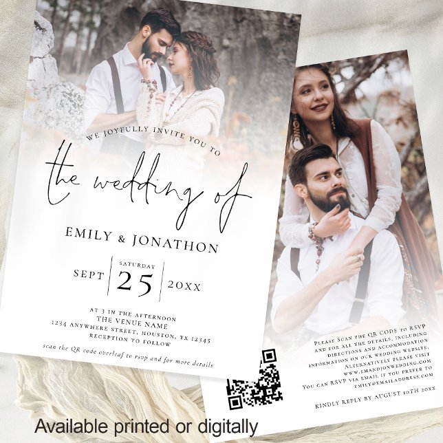 Invitation Script moderne 2 Photos superposer Mariage de code (Front and back view modern 2 Photo Overlay wedding invitation auto generated QR code to your website)