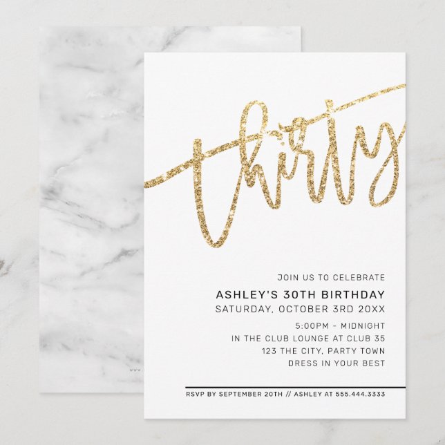 Invitation SCRIPT MODERNE 30e anniversaire parties scintillan (Devant / Derrière)