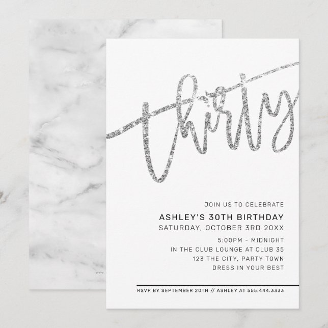Invitation SCRIPT MODERNE 30e anniversaire parties scintillan (Devant / Derrière)