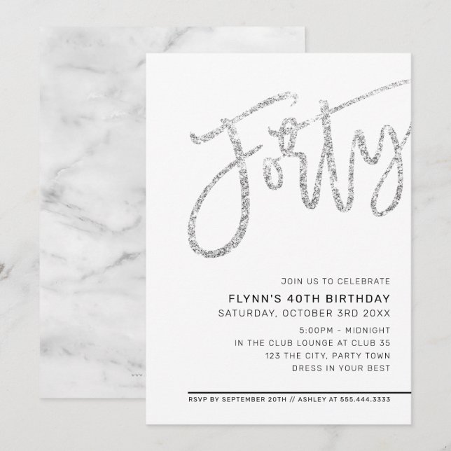 Invitation SCRIPT MODERNE 40e anniversaire parties scintillan (Devant / Derrière)