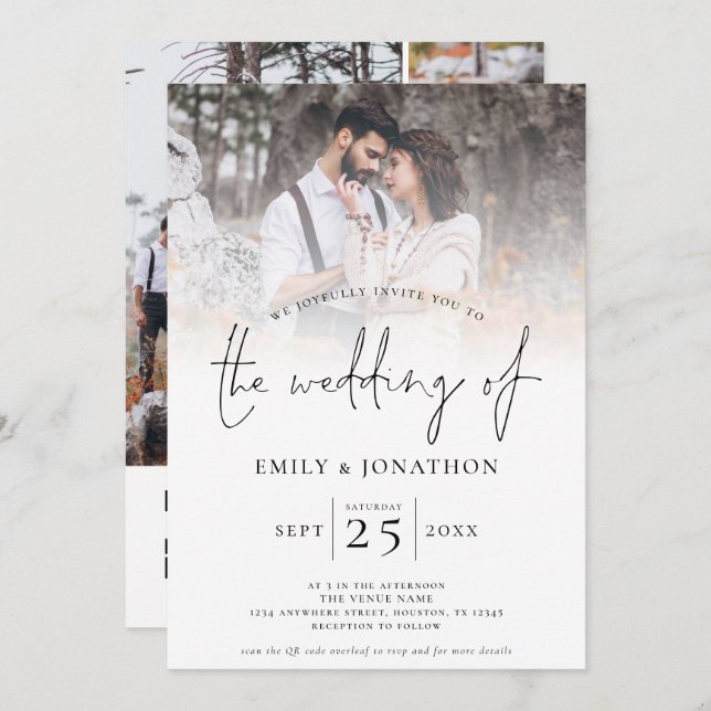 Invitation Script moderne 4 Grille photo QR Code Mariage (Devant / Derrière)