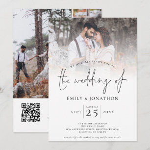 Invitation Script moderne 4 Grille photo QR Code Mariage