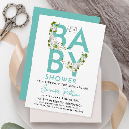 Invitation Script moderne Baby shower turquoise Floral