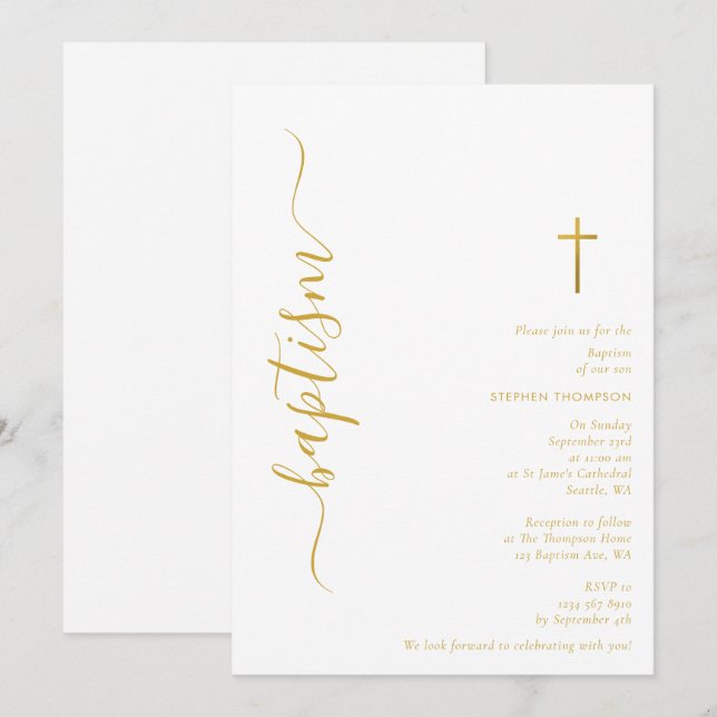 Invitation Script moderne Baptême blanc et doré (Devant / Derrière)