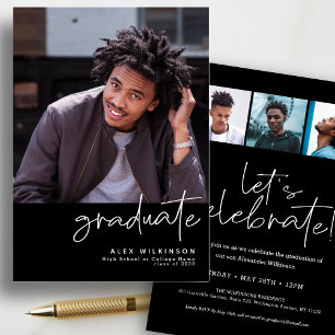Invitation Script moderne Black Fun Simple 4 Photo Graduation