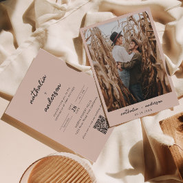 Invitation Script moderne Boho Beige Photo QR Code Mariage