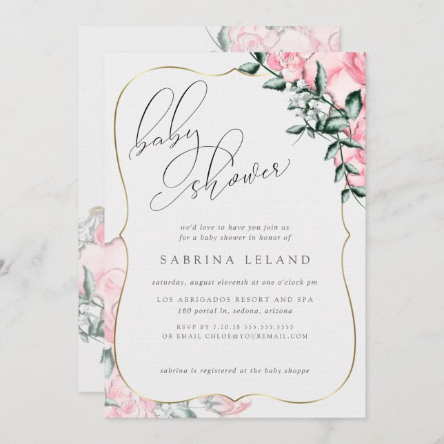 Invitation Script moderne Calligraphie Baby shower rose rose (Devant / Derrière)