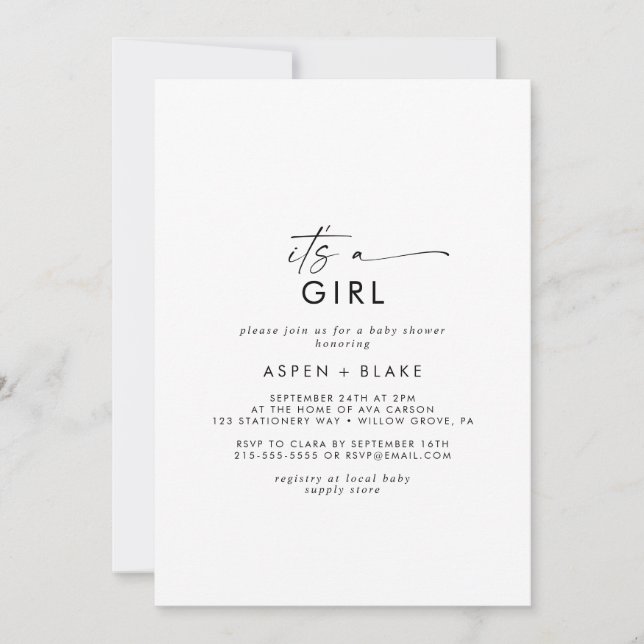 Invitation Script moderne C'est une fille Baby shower Invitat (Devant)