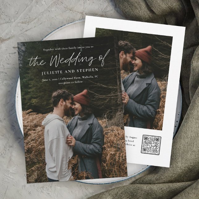Invitation Script moderne Code QR simple Mariage photo (A modern minimal photo wedding invitation with QR Code RSVP on the back with additional photo.)