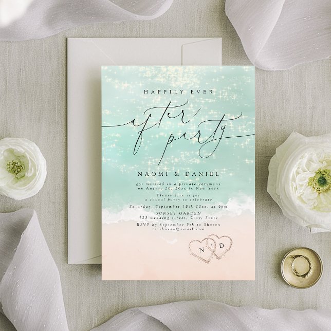Invitation Script Moderne Coeurs de sable Heureux Jamais Aprè (Modern Script Sand Hearts Happily Ever After Party Invitation)
