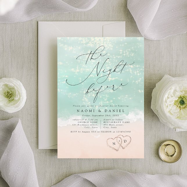 Invitation Script moderne Coeurs de sable Plage Dîner de répé (Modern Script Sand Hearts Beach Rehearsal Dinner Invitation)