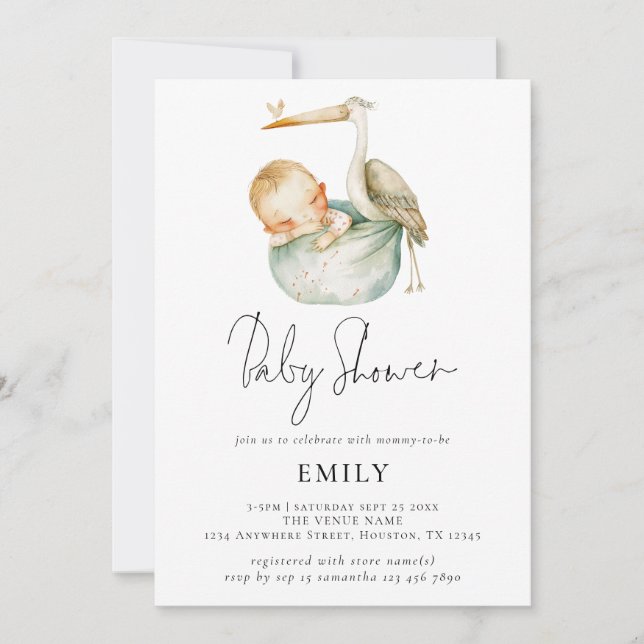 Invitation Script moderne Cute Stork et Baby shower (Devant)