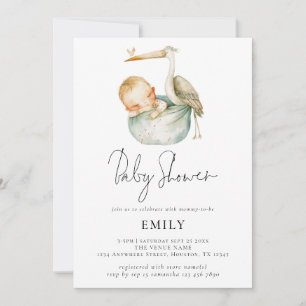 Invitation Script moderne Cute Stork et Baby shower