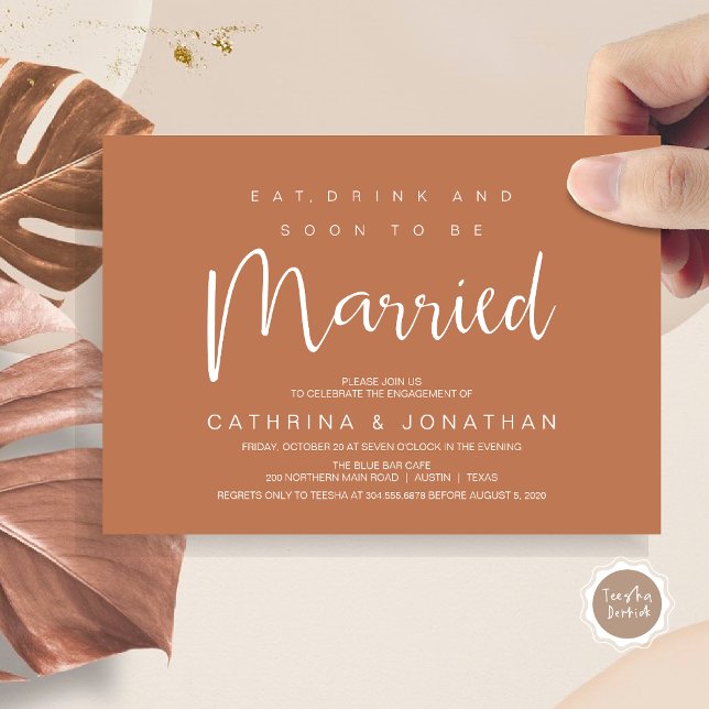 Invitation Script moderne, Dîner Fiançailles Fête (Modern Script, Engagement Dinner Party Invitation Card, Eat, Drink, Soon To Be Married, in Rust)