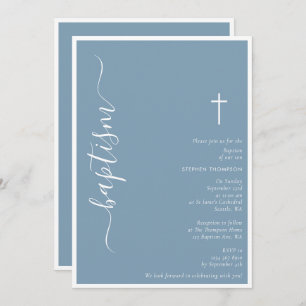 Invitation Script moderne Dusty Baptême Baptême Bleu Brisant
