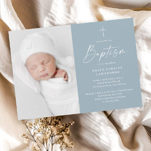 Invitation Script moderne Dusty Blue Boys Photo Baptême
