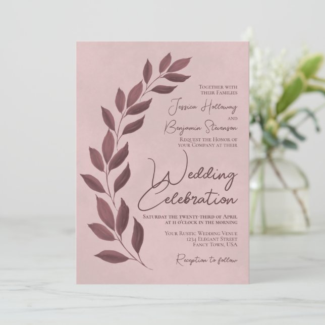 Invitation Script moderne Dusty Rose & Mauve Feuille Mariage (Debout devant)