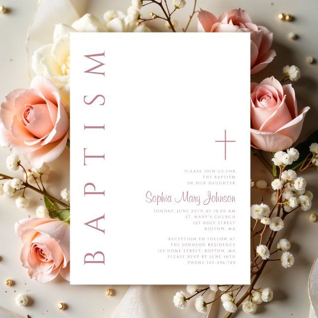 Invitation Script moderne élégant Filles roses Baptême (Modern Elegant Script Pink Girls Baptism Invitation)