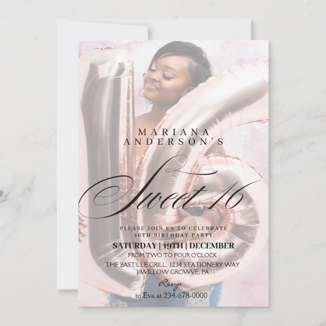 Invitation Script moderne et minimaliste Sweet 16 Photo Anniv (Devant)