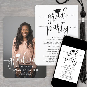 Invitation Script moderne et photo Black White Graduation Par